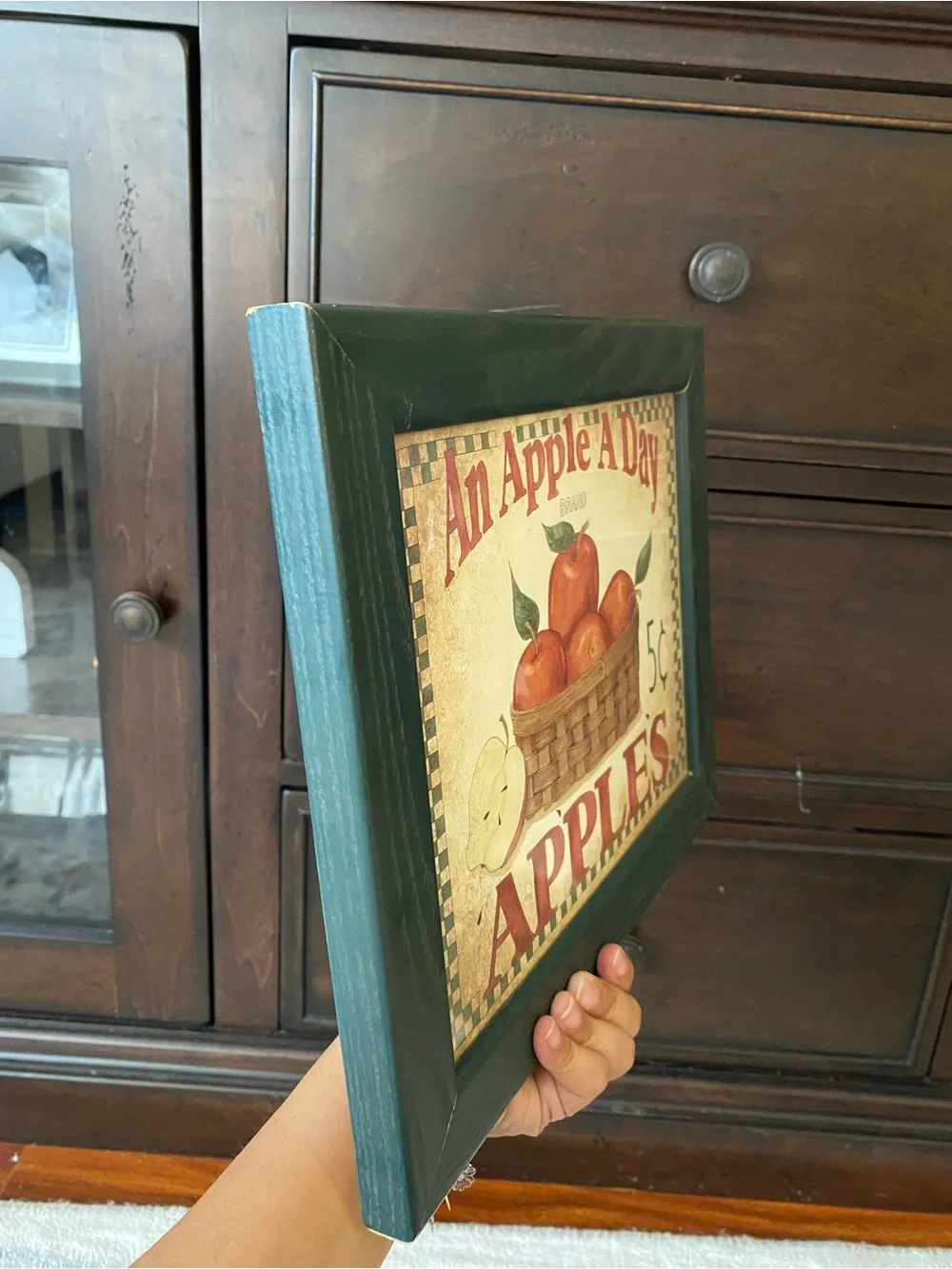 Vintage An Apple A Day Apples Farm Style Wall Art - Green Frame 12”x 11”